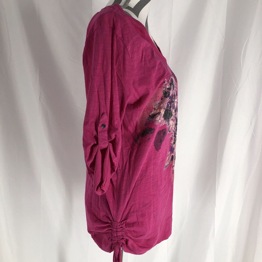DKNY Floral T-Shirt Sz L Roll Tab Sleeve Cinched Sides Pink - Picture 3 of 6